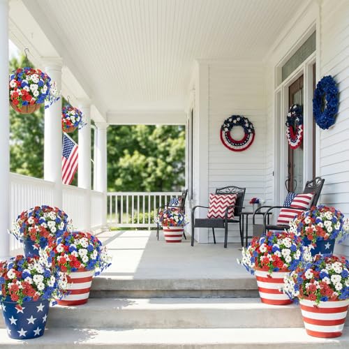 Hananona 2 Set Artificial Outdoor Flowers with Hanging Basket, 2 Hanging Planters with 24 Pcs Patriotic Flowers for Summer Front Porch Patio 4th of July Decor (Red, White, Blue) - color: Red, White, Blue