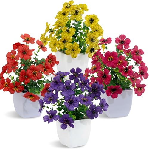 LOYWREE 4 Pack Small Artificial Daisy Flowers Fake Plants in White Pots, Mini Potted Floral Spring Decorations for Home Bathroom Shelves Office Desk Table Centerpiece Indoor Decor - color: Daisy-white Pot, size: White Pot