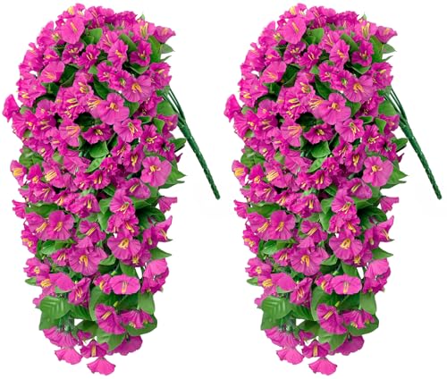 Artificial Hanging Flowers for Outdoors, 2 Pack Fuchsia Silk Morning Glory Fake Flowers UV Resistant Faux Petunias Hanging Artificial Plants Trailing Vines for Porch Garden Spring Summer Planter Decor - color: Fuchsia