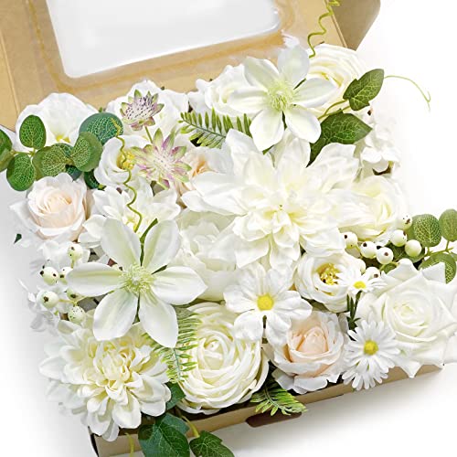 White Artificial Flowers Combo Box - Wedding Decor, Fake Flowers for Home Decor Indoor, Cake Flowers, Faux Flowers for Crafts - color: Fairy White