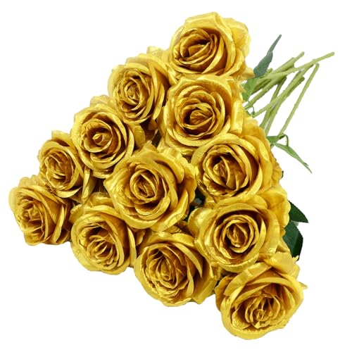 12pcs Rose Artificial Flowers, Fake Rose Silk Flower Bouquet, Faux Roses with Stems - 50cm, Roses Decor for Wedding & Home Decoration (Gold) - color: Gold