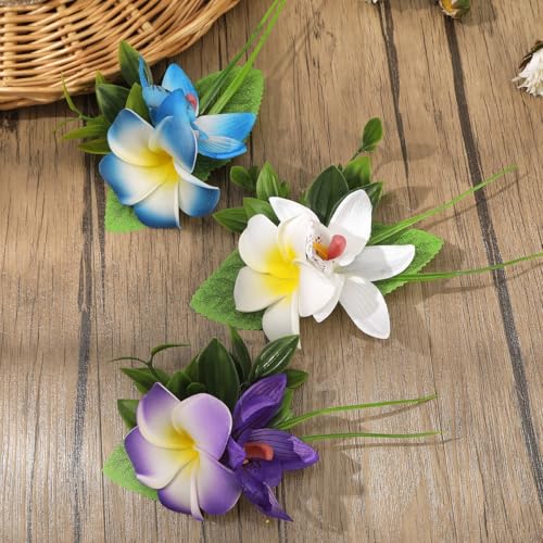 3 PCS Hawaiian Flower Hair Clips for Women Plumeria Hibiscus Hair Barrettes Hawaiian Artificial Flower Accessories for Vacation Beach Party Boho Clips for Girls Wedding（white Blue Purple） - color: white Blue Purple