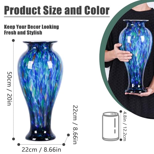 XMGZQ 20" Tall Glass Vases for Floor,Large Hand Blown Sea Glass Flowers Vase for Centerpieces,Jarrones Grandes para Sala Elegantes,for Bookshelf,Bathroom,Countertop,Indoor Office Desktop (Blue Green)