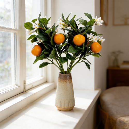 2PCS 16.9Inch Artificial Tangerine Branches Artificial Orange Branches Fake Orange Stem 6 Fruit with 42 White Flowers for Home Party Wedding Office Thanksgiving Indoor Outdoor Decor - color: 16.9inch Orange, size: 2 PCS
