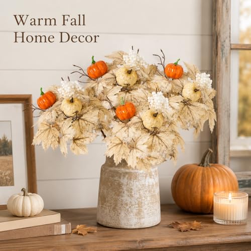6 Pcs Fall Pumpkin Floral Picks, Artificial Maple Leaf Berry Stems, Thanksgiving Wreath Centerpiece Vase DIY Decorations - color: Red Yellow