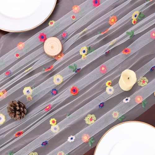 Ivory Embroidery Daisy Gauze Table Runner 10FT Floral Seasonal 120 Inch Sheer Tulle Table Runner Kitchen Dining Wedding Birthday Christmas Decor for Home Party Decorations - color: Ivory, size: 10 ft × 1 pc