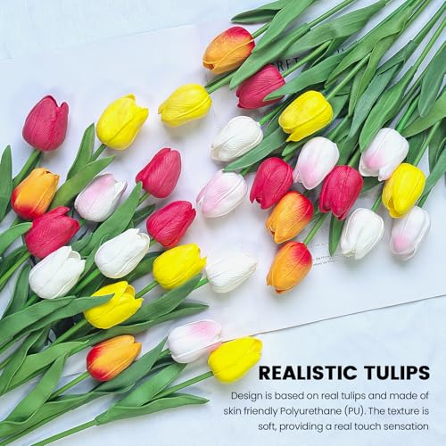 30 PCS Artificial Tulips Real Touch Tulips 13.5inch Long Stem Fake Flowers Silk Flowers for Spring Easter Mother's Day Decorations (MixedColor) - color: Multi Color