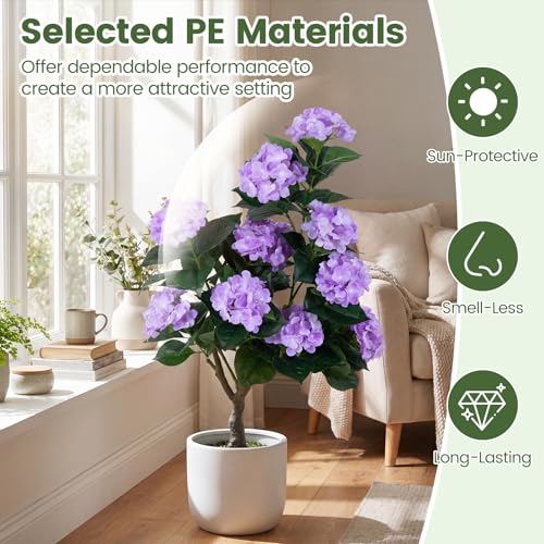 Goplus Artificial Hydrangea Tree, 2 Pack Fake Floral Plant w/11 White Flowers & Realistic Trunk in Plastic Nursery Pot, Indoor Silk Flower Tree for Home Office Living Room Housewarming Gift (Purple) - color: Purple