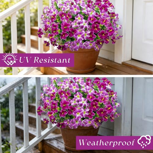 Artificial Flowers for Outdoors Decoration, 12 Bundles Fake Silk Morning Glory with Faux Plastic Eucalyptus UV Resistant for Outside Front Door Porch Planters Patio Garden Decor (MultiColor 3) - color: Multicolor 3