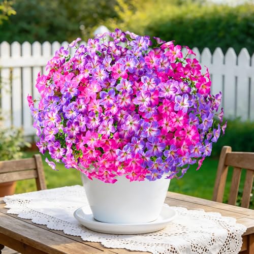 MARTINE MALL 12 Bundles Look Real Artificial Flowers for Outdoors, Realistic Fake Outdoor Flowers, UV Resistant Silk Petunia Flowers for Outside Faux Flowers for Outdoor, Fuchsia & Purple & Rose Red - color: Fuchsia & Purple & Rose Red, size: 12 Bundles