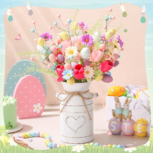 6 Pcs Easter Table Centerpieces Decoration Include 5 Easter Egg Artificial Floral Bunches Stem with Vintage Metal Bucket Potted Egg Flower Pick Arrangement Easter Party Office Home(Bright) - color: Bright