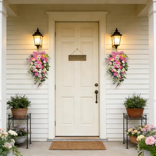 Idyllic 22 Inch Spring Floral Weeping Door Swag with Pink Bow for Front Door Porch Welcome and Home Entryway Decoration - size: 23 Inch
