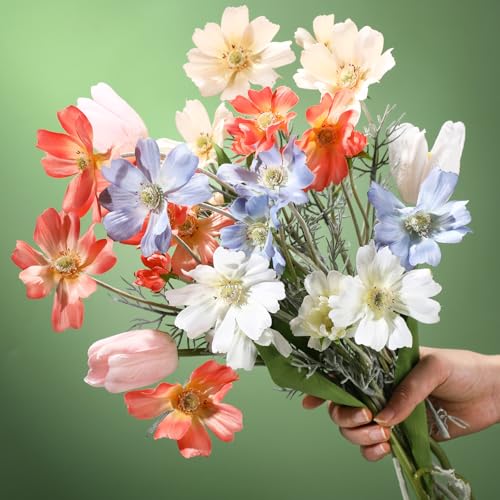 Hoteam 8 Pcs Wildflower Artificial Flowers Fake Flowers 24'' Cosmos Silk Flower 18'' Faux Tulip Long Stem Wildflower Colorful Coreopsis Bouquet for Wedding Floral Arrangements Garden Table Decoration