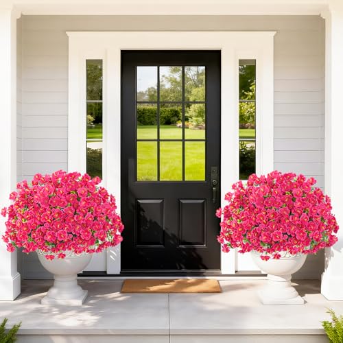 MARTINE MALL 12 Bundles Look Real Artificial Flowers for Outdoors, Realistic Fake Outdoor Flowers, UV Resistant Silk Flowers for Outside Faux Flowers Plants for Outdoor planters Porch, Rose Red - color: Rose Red, size: 12 Bundles