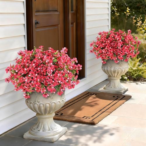 GLIDLION 12 Bundles Artificial Morning Glory & Eucalyptus for Outdoor, Realistic Fake Silk Flower UV Resistant Faux Plant for Front Door Patio Garden Farmhouse Decor (Rose Red) - color: Rose Red