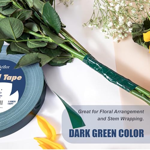 Green Floral Tape - Flower Wrap Adhesive Tape Bouquet Stem Wrapping and Floral Crafts, Wedding Bouquet Tape - 1/4 inch Wide and 180 FT Long (1/4inch) - size: 1/4inch
