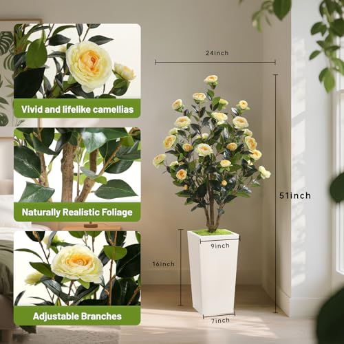 Romantic Season 4FT Artificial Camellia Tree with White Tall Planter, Yellow Faux Camellia Plant Flower Tree for Modern Home Office Living Room Floor Décor Outdoor Indoor，Yellow - color: Yellow