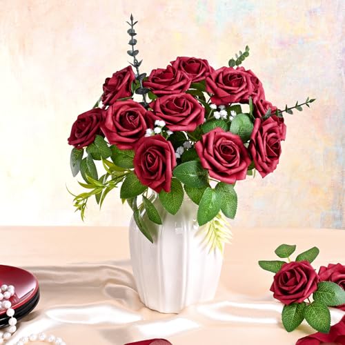 9 Pcs Artificial Flowers Fake Rose with Stems - Burgundy Real Touch Foam Roses for DIY Wedding Bouquet Bridal Shower Cake Toppers Centerpiece Table Valentines Day Supplies Decorations - color: Burgundy, size: 9Pcs