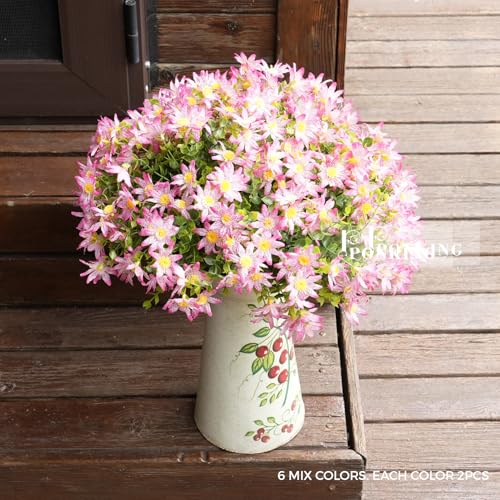 PONKING Artificial Flowers for Outdoors Patio Decoration 12 Bundles Fake Flower Daisy UV Resistant Faux Plants Yard Garden Porch Home Boxwood Planter Patio Mothers Day Decor, Light Pink Flower - color: D Light Pink Daisy 12pcs