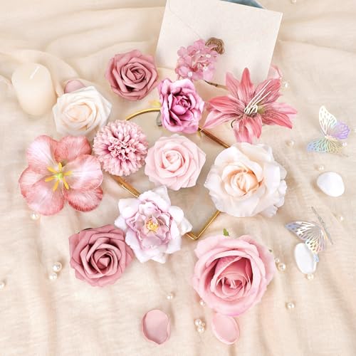 Dusty Rose Artificial Flowers, Fake Rose Dusty Pink Flowers Faux Flower Arrangements Centerpieces Table Decor Wedding Party Baby Showers Home Cake Floral Decorations - color: Pink