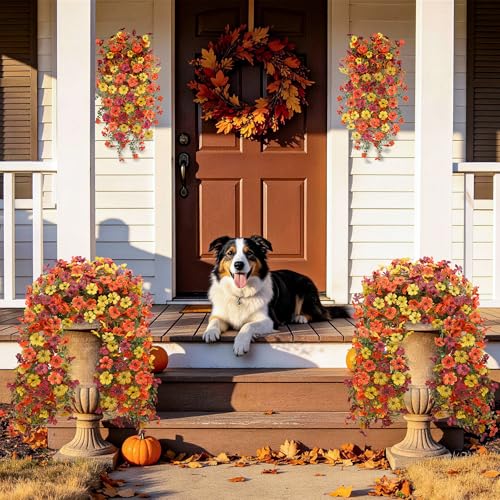 Hommyea Artificial Hanging Flowers for Outdoors, 2 Pcs Fake Hanging Plant Fall Decor, UV Resistant No Fade Faux Silk Daisy Flower for Planter Front Door Porch Patio Yard Garde - color: Orange,brown,yellow