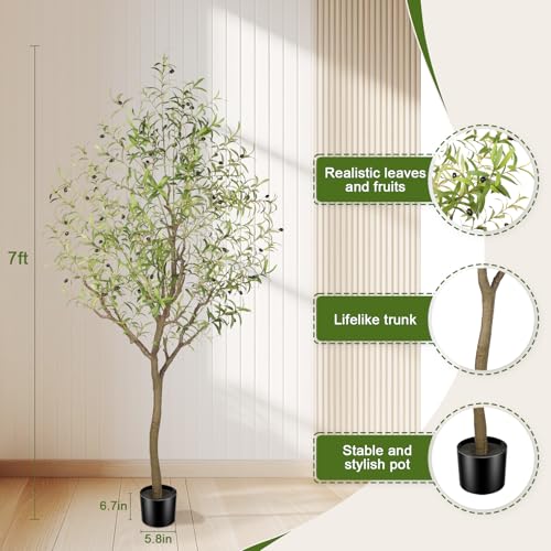 Faux Olive Tree 7FT, Olive Trees Artificial Indoor, Tall Fake Tree with Realistic Leaves & Fruits for Home Office Living Room Decor - size: 7ft