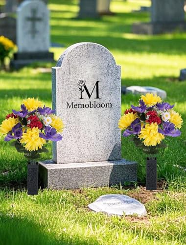 Artificial Memorial Flowers for Cemetery: 2 Pcs Cemetery Flowers for Grave Decorations - Realistic Yellow Mums Purple Iris Bouquets with Vases for Gravisite Outdoor - color: Purple & Yellow