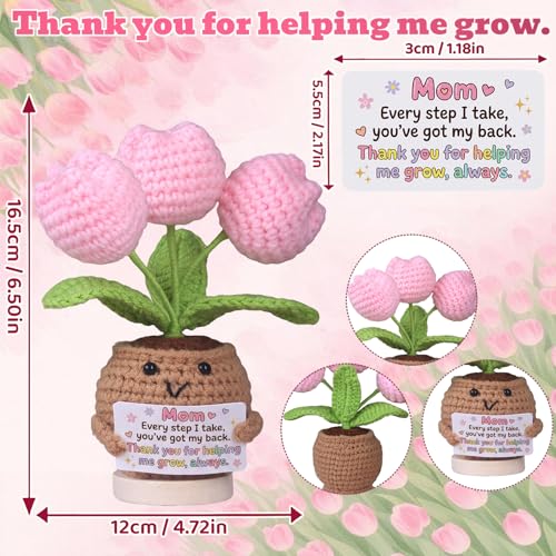 for Mom from Daughter Son - Handmade Crochet Tulip Bouquet in Smiling Flower Pot, 3 Pink Tulip Flowers with Thank You Mom Card, Potted Plant Gift for Grandma Wife Sister, Desk Decor - color: Thank You Mom