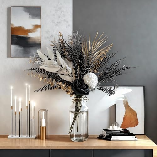 Gothic Artificial Flower Bouquet, 17-Inch Black Roses With Gold Metallic Fern Leaves, 13pcs of Faux Flower Arrangements, Church Wedding Centerpieces, Home Decoration, Halloween (Vase Not Included) - color: Gothic Black Gold - 1
