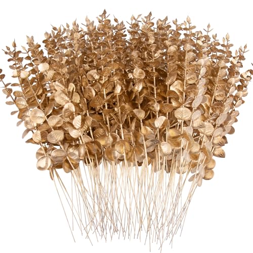 FEQO 90 Pcs Gold Eucalyptus Stems Artificial Leaves Faux Eucalyptus Stems Branches 15 inch for Wedding Bouquet Home Decor - color: Gold, size: 90 pcs