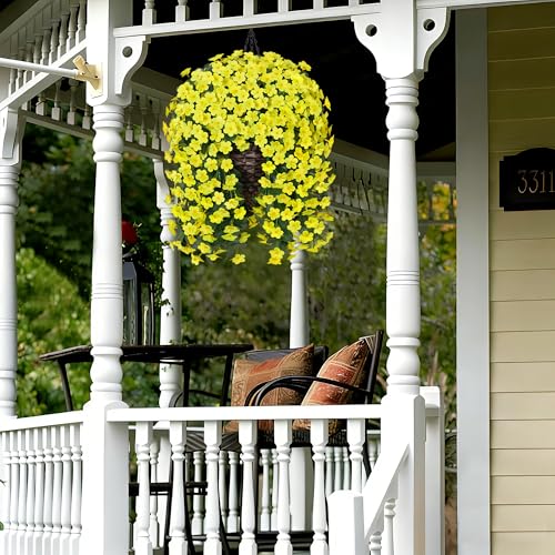 Artificial Fake Flowers for Outdoor Decor, 2Pcs Faux Silk Yellow Daisy Mums Long Vines UV Resistant Realistic for Home Porch Patio Balcony Planter Decoration - color: Yellow 2