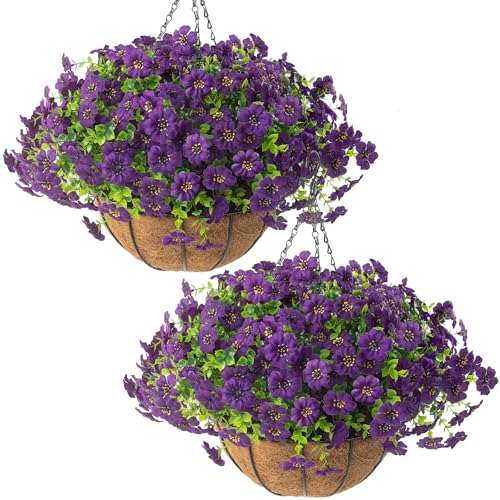 Hananona 2 Set Artificial Outdoor Flowers with Hanging Basket, 2 Hanging Planters with 24 Pcs Flowers for Spring Summer Front Porch Garden Patio Home Decor (2, Purple) - color: Purple