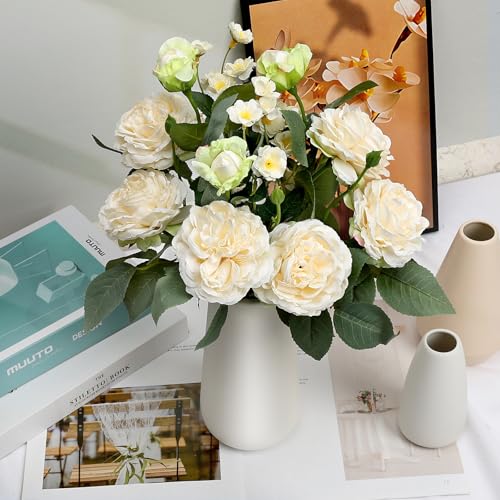Artificial Flowers in Vase, Fake Roses Peonies Flower Bouquet with Ceramic Vase Floral Arrangements for Dining Table Centerpieces Living Room Indoor Decor - Ivory White - color: Ivory
