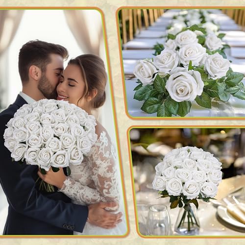 100 PCS Fake White Roses, Artificial Flowers Bulk Realistic Silk Faux Ivory Rose with Stems for Wedding Decorations Table Centerpieces Bridal Bouquet DIY Floral Arrangement Event Party Home Decor - color: White, size: 100 Pcs