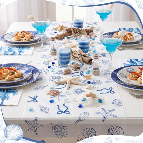 Mindsoft 3 Pcs Coastal Table Runner 10ft Blue Bow Beach Ocean Nautical Embroidery Tulle Lace Table Runner Last Toast on the Coast Decor for Wedding Bridal Baby Shower Holiday Dining DIY - style: Coast