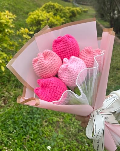Rimvoe Crochet Tulip Flower Bouquet, Handmade Knitted Artificial Tulip Flowers, Gift for Mom Wife Women(Pink)