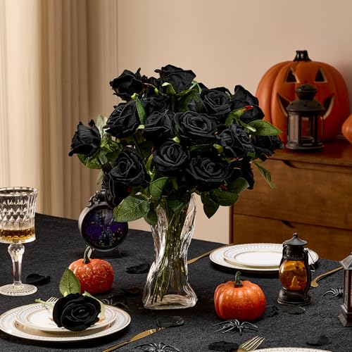 AmyHomie 48 PCS Black Roses Velvet Realistic Artificial Flowers with Bendable Stems for Wedding Bouquets Baby Shower Party Home Decor Fake Flowers Gifts for Valentines, Mothers Day, Womens Day - color: Black