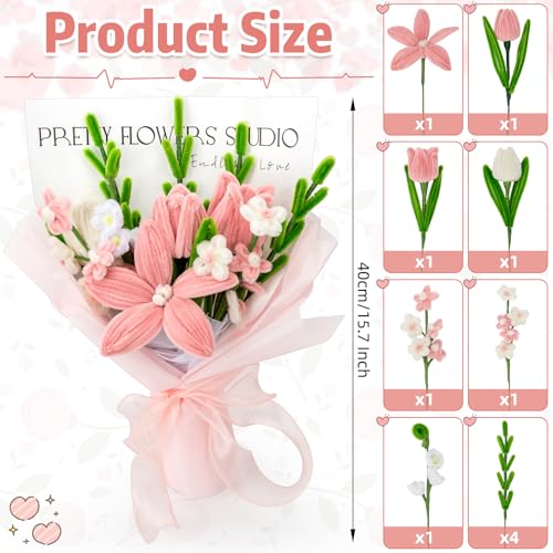 Completed Pipe Cleaners Flowers Bouquet, Pink Handmade Pipe Cleaners Bouquet, 3 Tulip 1 Lily 13 Daisy 17 PCS for Valentine’s Day Mother's Day Birthday Anniversary Wedding Home Decor Gifts - color: (Pink） Tulip Lily