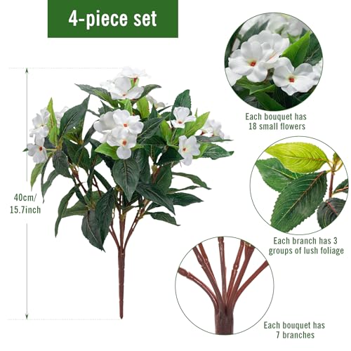 Fake Flowers Artificial Flowers for Outdoor，White Artificial Impatiens Bouquet Flowers for Outdoors，Spring Flowers Artificial Impatiens Outdoor Silk Fake Flowers Indoor Decor 4pcs(White) - color: White-4