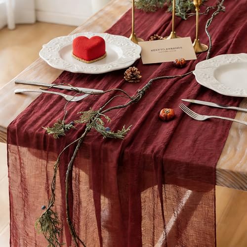Keketoarrange 3pcs Burgundy Table Runner Red Table Runner Cheesecloth Gauze 120 Inch 10 FT Rustic Boho Cheese Cloth Runner for Wedding Baby Bridal Shower Party Long Sheer Spring Home Decorations - color: Burgundy, size: 35"x120"(Pack of 3)
