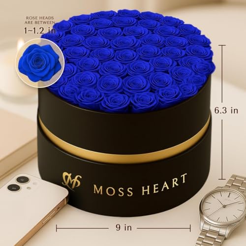 50 Petite Preserved Roses, Designer Round Box, Real Forever Roses Last 1+ Year, Premium Gift for Women, Wife, Girlfriend, Mother’s Day, Birthday, Anniversary, Valentine’s Day - color: Royal Blue, size: 50 Roses