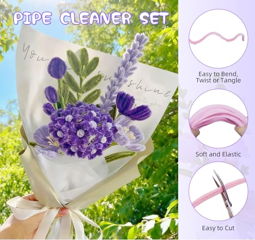 400 Pcs Pipe Cleaner Flower Kit, 5 Colors Chenille Stems, Purple Pipe Cleaners with Instruction, for DIY Flower Bouquets, Home Decor, Wedding and Party Decorations, and Gifts - color: Purple, size: 400pcs