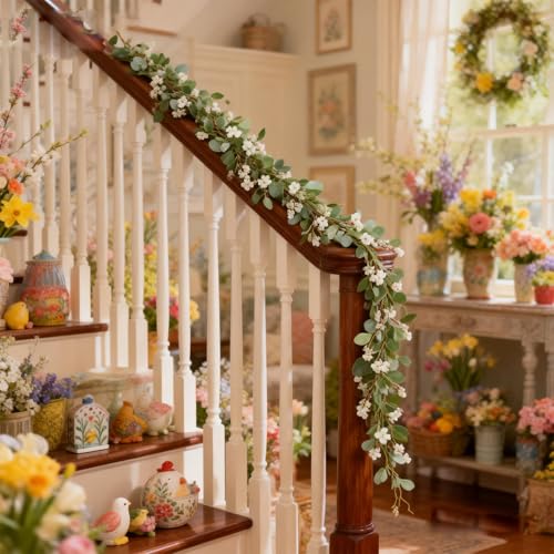 70 Inch Lamb Ears Greenery Garland with Ivory Forsythia Flowers, Year Round Farmhouse Floral Garland for Mantel Stair Fireplace, All Seasons Indoor Outdoor Everyday Decor - color: Garland