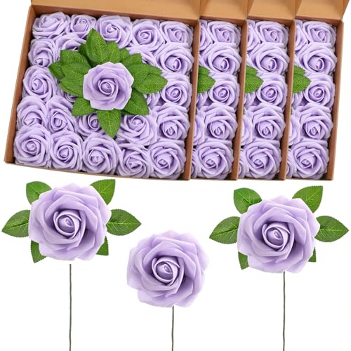 100 Pcs Artificial Foam Rose Flower Faux Bouquet Wedding Fake Rose Gift for Mother's Day Women DIY Bridal Shower Party Table Birthday Home Spring Decor (Lavender) - color: Lavender
