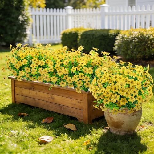 20 Bundles Artificial Flowers for Outdoors, Fake Silk Flowers UV Resistant Faux Realistic Plastic Plants for Spring Summer Porch Patio Garden Planter Window Box Home Decor, Yellow - color: Yellow