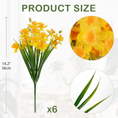 6 Bundles Daffodils Artificial Flowers, 14.2" Faux Daffodils with 90 Flower Heads, Real Touch Fake Spring Flower Yellow Decorative Flowers Bouquet for Home Wedding Centerpieces Vases Arrangement - color: Yellow, size: 6 Bundles-14.2 Inch
