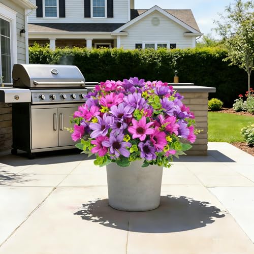 8 Bundles Fake Silk Daisy Outdoor Artificial Flowers UV Resistant Faux Plants Bright Colors for Front Porch Planter Balcony Patio Garden Home Indoor Decoration (Purple) - color: Purple
