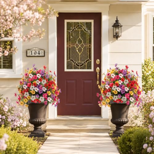 THKFUL Artificial c Trees Flower Ball Outdoor Set of 2, D15.8 UV Resistant Faux Boxwood Plants Flower Ball with Stake,Realistic Faux Shrubs Planter Filler for Front Cemetery Porch Garden - style: Violet