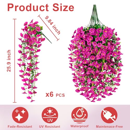 Artificial Flowers for Outdoors, 6-Pack 420 Blooms UV Resistant Hanging Morning Glory Silk Flowers Vines, Realistic Fake Plants Outside Decroation for Porch Patio Balcony Yard Garden (Lotus) - color: Lotus