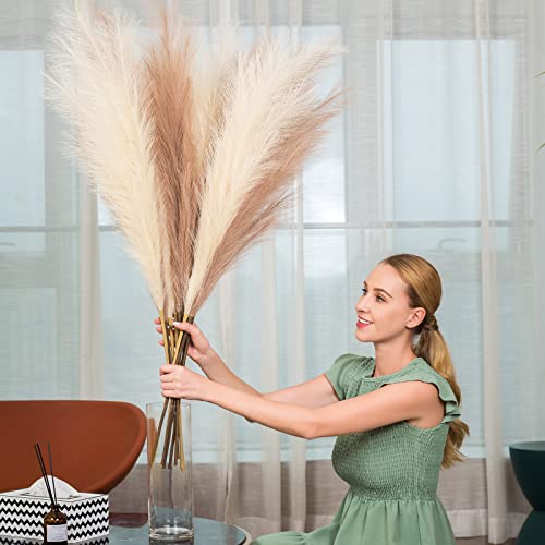 Faux Pampas Grass 8 Stems, Artificial Pampas Grass - 43 inch Extra Large Pompass Grass Tall Pompous Boho Flower Arrangement and Floor Vase Filler Home Decor for Room Wedding Party - color: 4 Beige+4 Taupe
